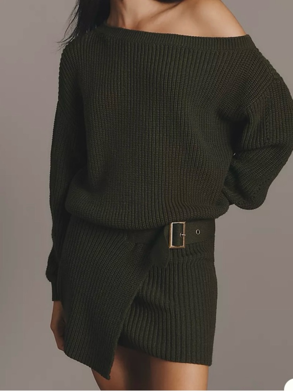 Anthropologie Olive Green Ribbed Asymmetrical along-Sleeve Dress Waist Tie